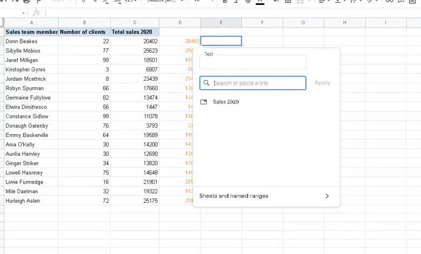 Hiperlink do Google Sheets para outra planilha — caixa de diálogo de link com o campo Pesquise ou cole um link