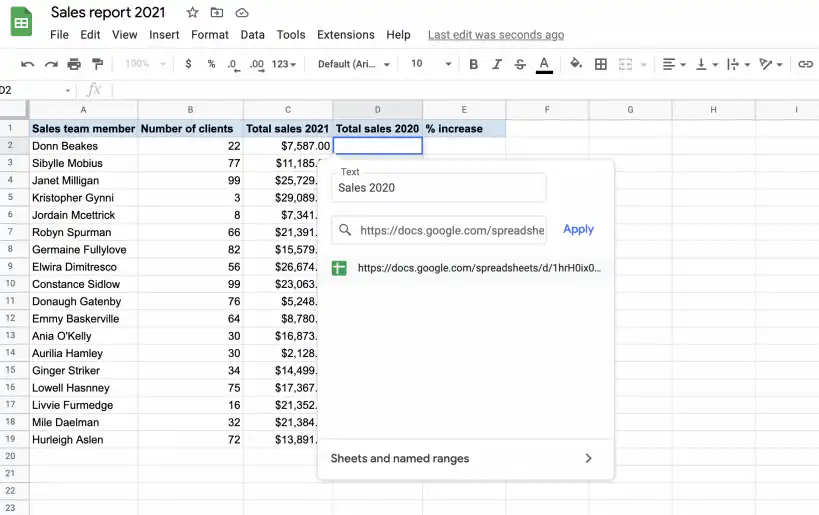 Hiperlink do Google Sheets para outra planilha — texto Sales 2020 com o URL de uma planilha colado e o botão Aplicar