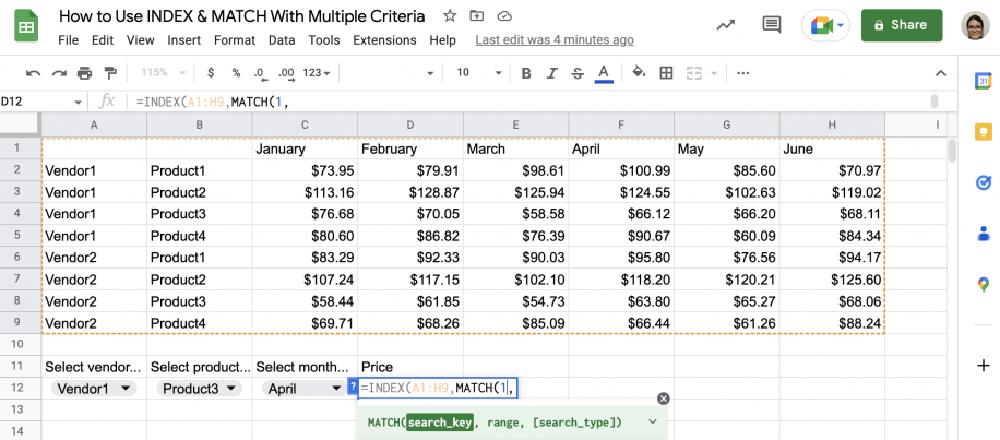 INDEX MATCH multiple criteria in Google Sheets — MATCH(1, added with 1 as the search key