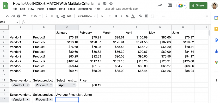 INDEX MATCH with AVERAGE in Google Sheets — vendor and product criteria above an empty Average Price (Jan.-June) cell