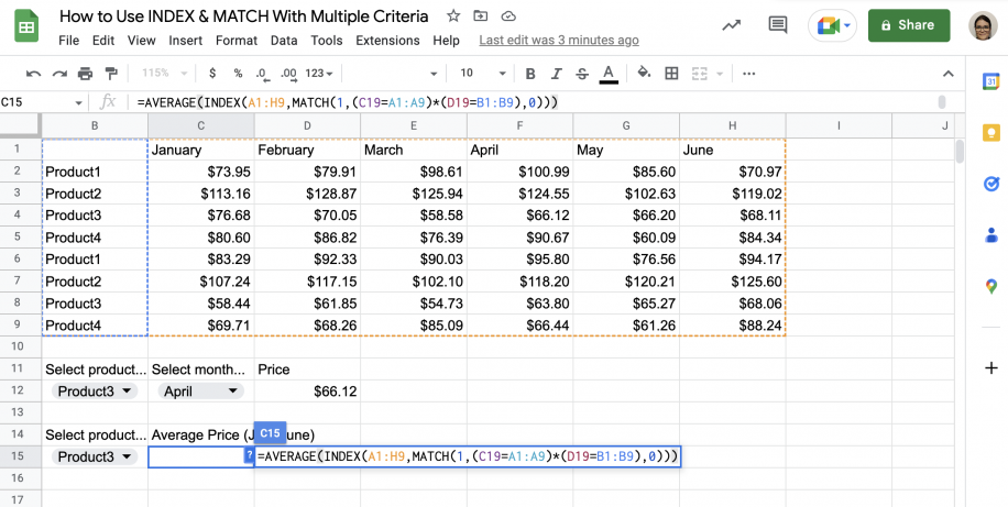 INDEX MATCH with AVERAGE in Google Sheets — finished formula with 0 for an exact match and three closing parentheses