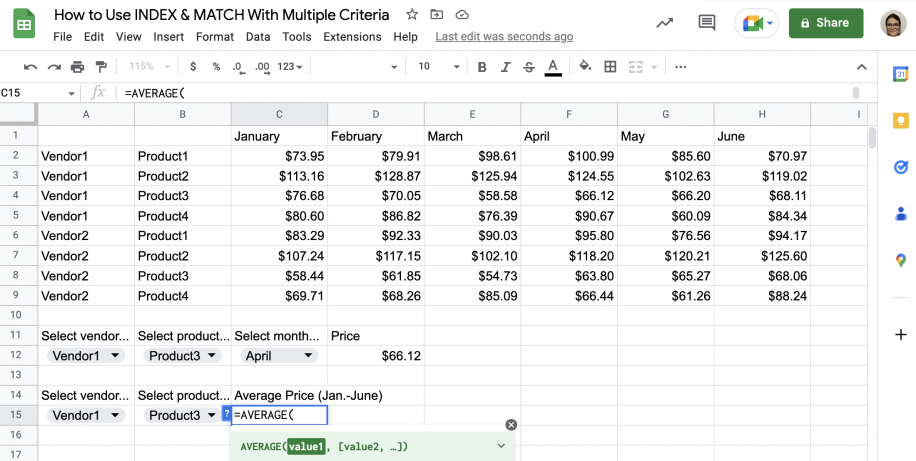 INDEX MATCH with AVERAGE in Google Sheets — =AVERAGE( typed in the Average Price cell