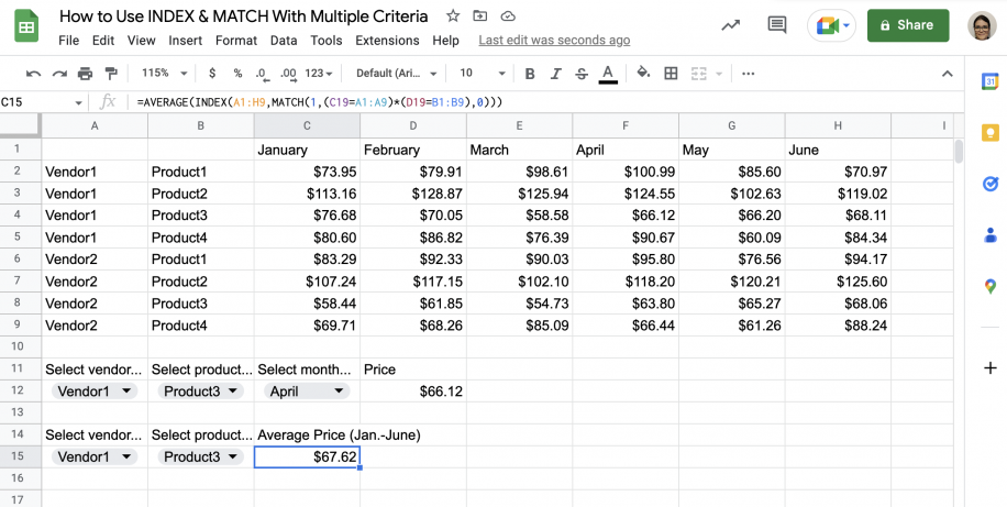 INDEX MATCH with AVERAGE in Google Sheets — average price of $67.62 for Vendor1, Product3 from January to June
