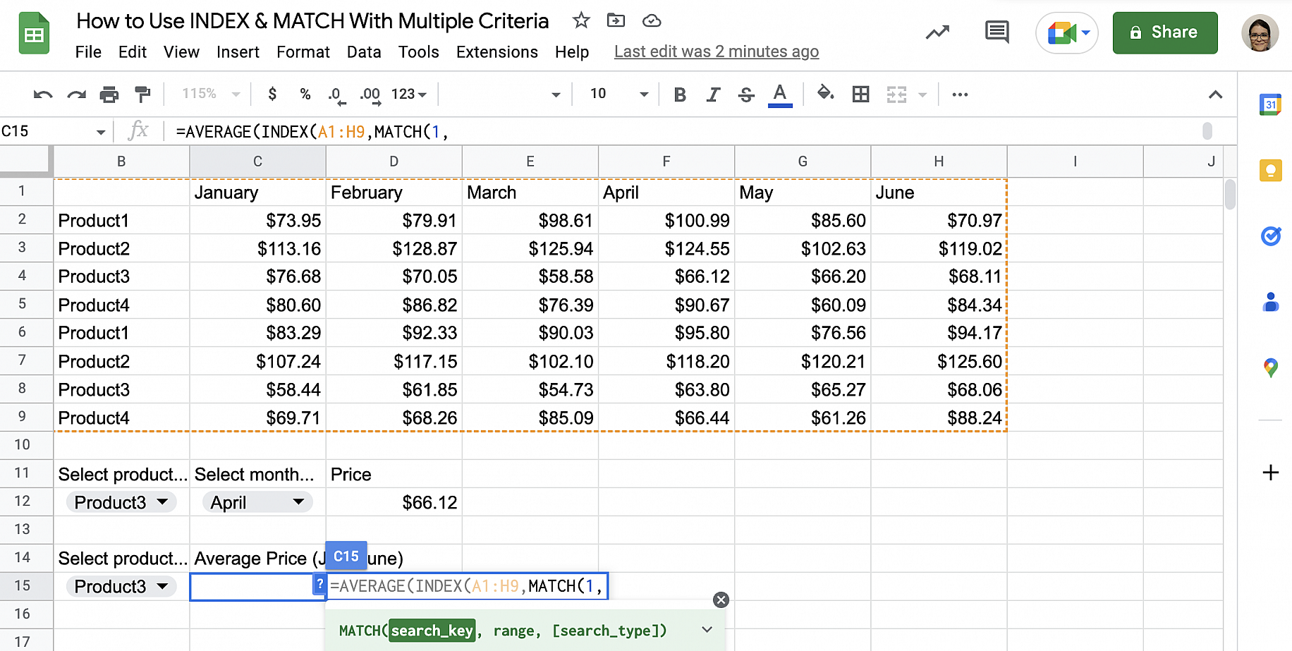 INDEX MATCH with AVERAGE in Google Sheets — MATCH(1, added inside the INDEX function