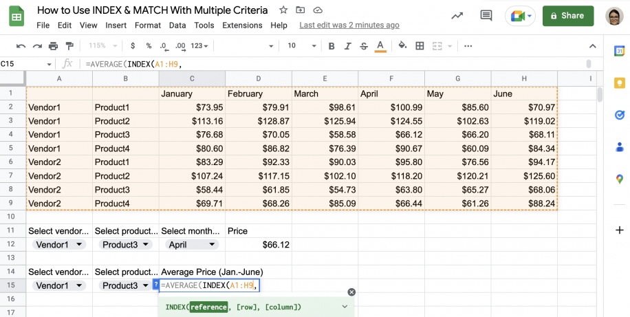 INDEX MATCH with AVERAGE in Google Sheets — table A1:H9 selected as the INDEX reference