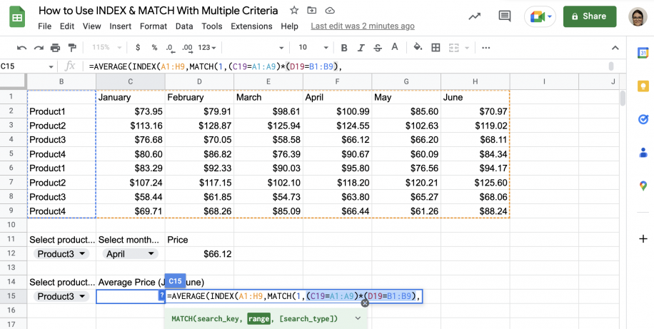 INDEX MATCH with AVERAGE in Google Sheets — vendor and product criteria joined by a multiplication sign inside MATCH