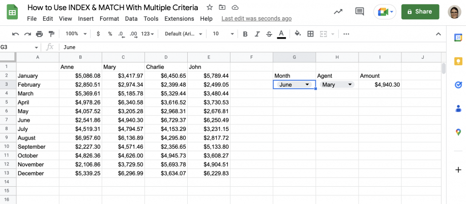 Google Sheets INDEX MATCH multiple criteria — Month changed to June and the result updated to $4,940.30