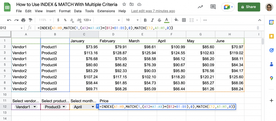 INDEX MATCH multiple criteria in Google Sheets — completed formula with both MATCH functions closed