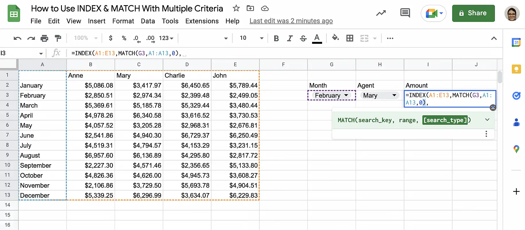 Google Sheets INDEX MATCH multiple criteria — 0 entered as the MATCH search type, followed by a comma