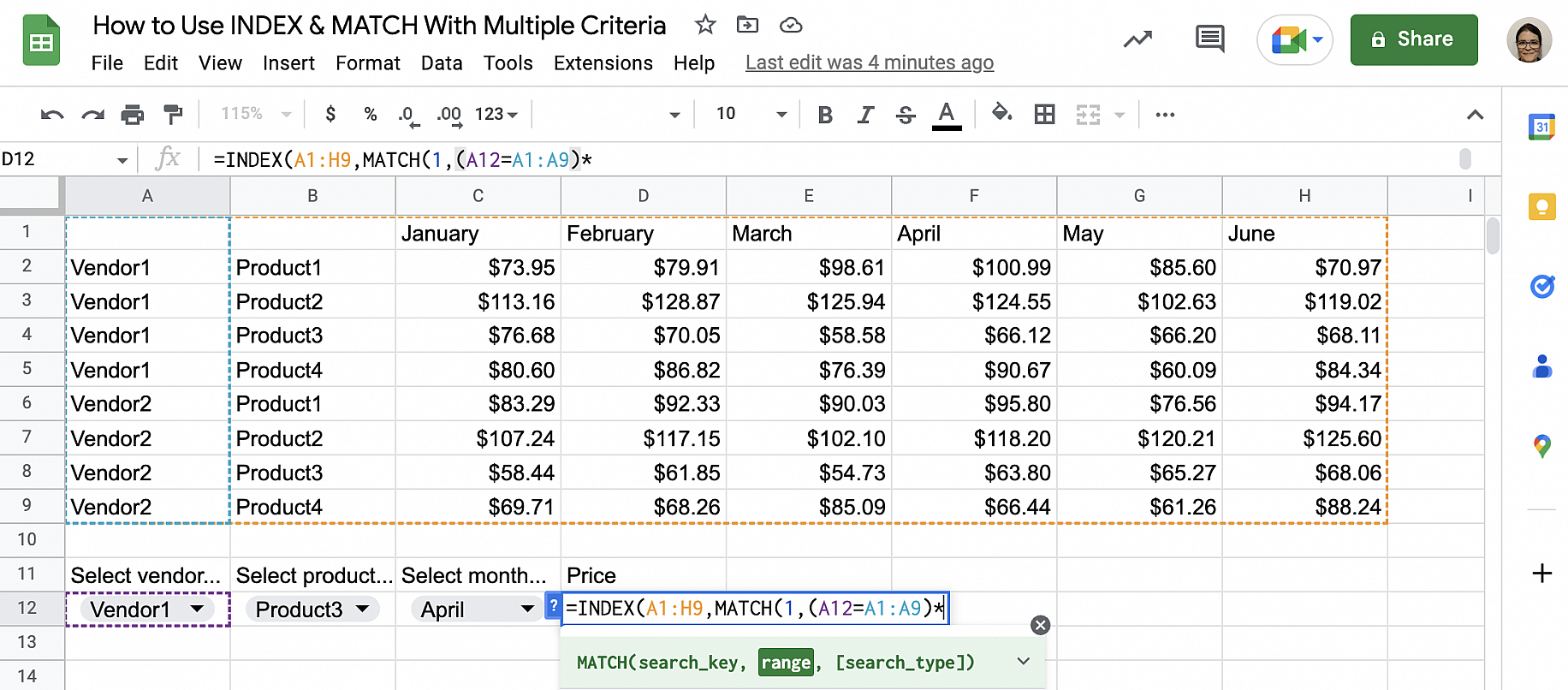 INDEX MATCH multiple criteria in Google Sheets — first criterion (A12=A1:A9) followed by a multiplication sign