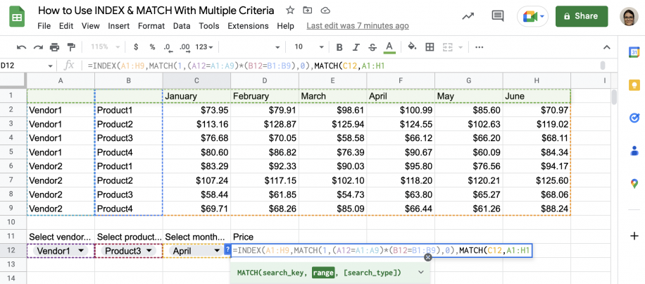 INDEX MATCH multiple criteria in Google Sheets — MATCH(C12,A1:H1 added for the month criterion