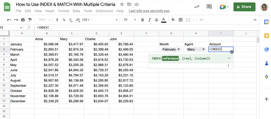 Google Sheets INDEX MATCH multiple criteria — =INDEX( typed in the Amount cell with the reference, row, column tooltip