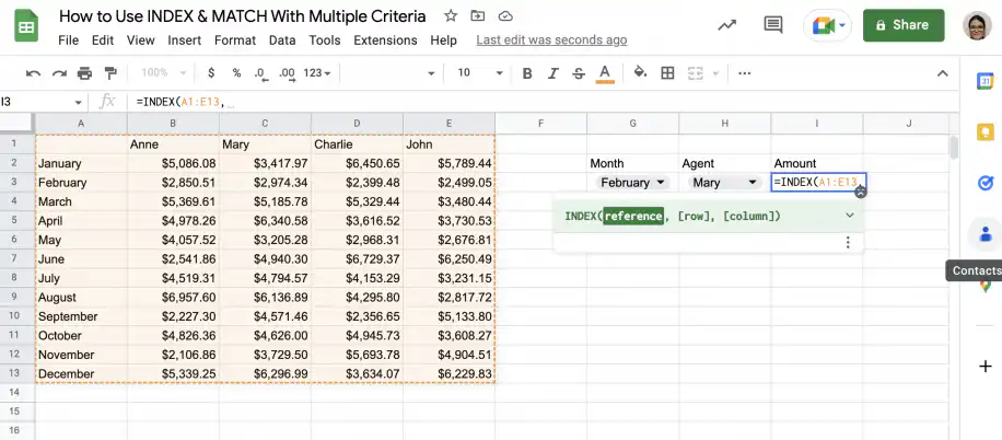 Google Sheets INDEX MATCH multiple criteria — table A1:E13 selected as the INDEX reference