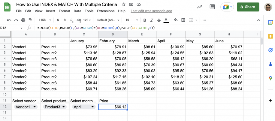 INDEX MATCH multiple criteria in Google Sheets — Price cell shows $66.12 for Vendor1, Product3 in April