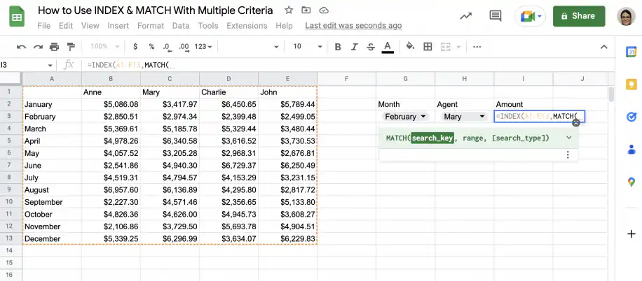 Google Sheets INDEX MATCH multiple criteria — MATCH( added as the second INDEX argument with the search_key tooltip