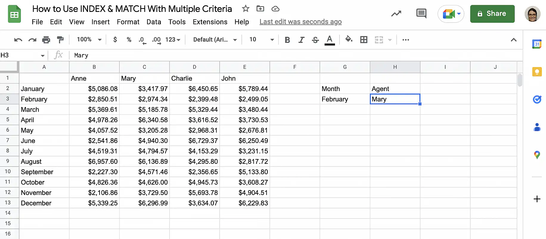 Google Sheets INDEX MATCH multiple criteria — Month and Agent criteria cells set to February and Mary next to the table