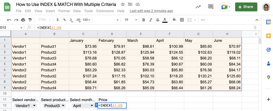 INDEX MATCH multiple criteria in Google Sheets — =INDEX(A1:H9 typed in the Price cell D12
