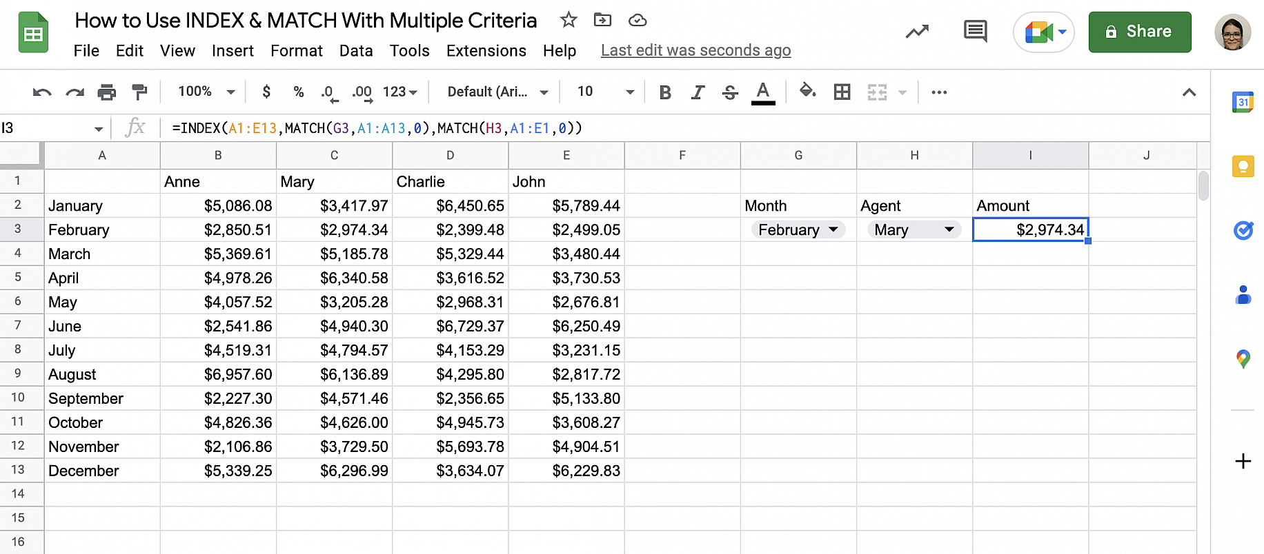 Google Sheets INDEX MATCH multiple criteria — Amount cell returns $2,974.34 for Mary in February