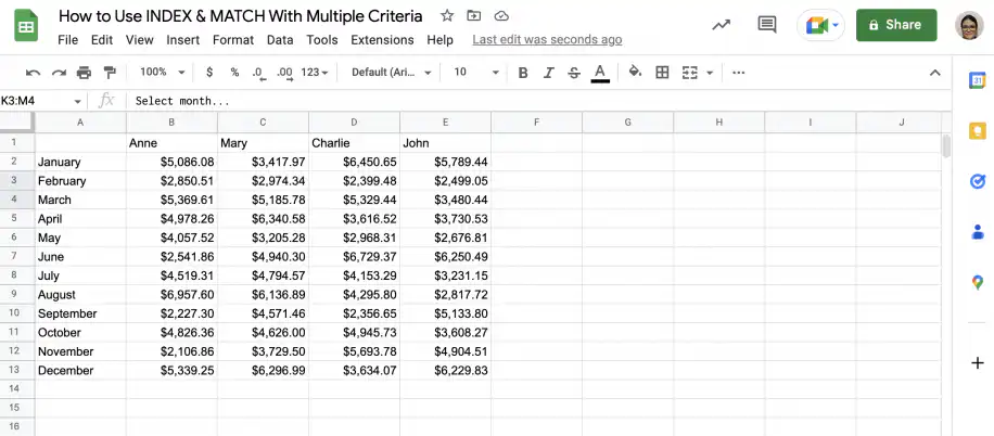 Google Sheets INDEX MATCH multiple criteria — monthly sales table with amounts for Anne, Mary, Charlie, and John