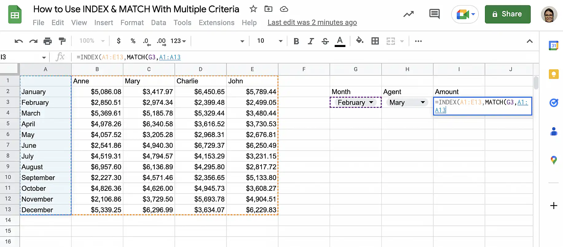 Google Sheets INDEX MATCH multiple criteria — month column A1:A13 selected as the MATCH range