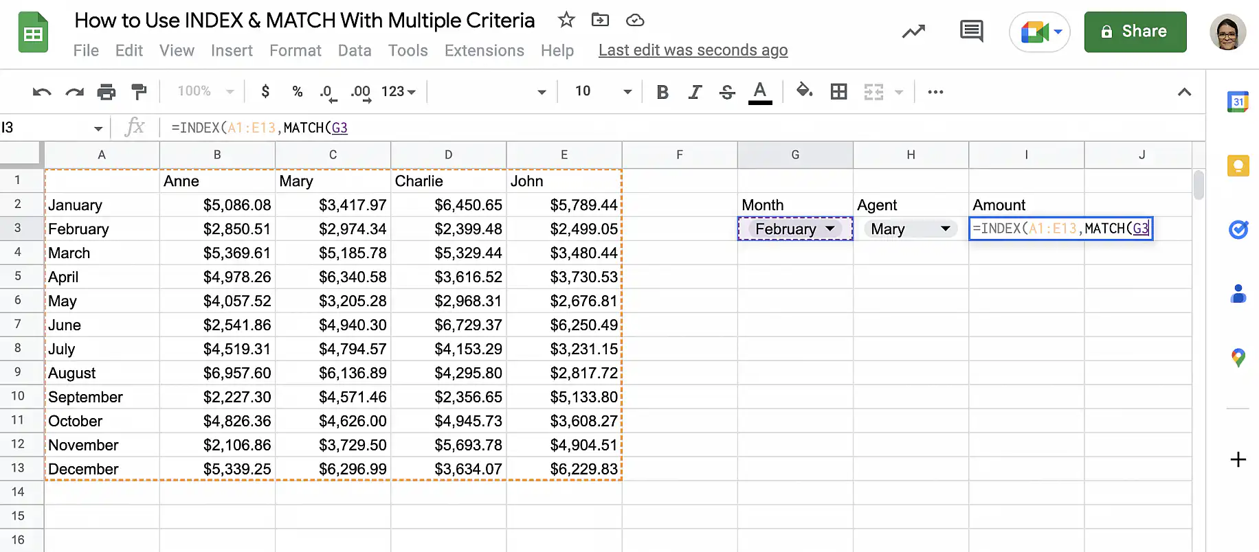 Google Sheets INDEX MATCH multiple criteria — month cell G3 selected as the MATCH search key
