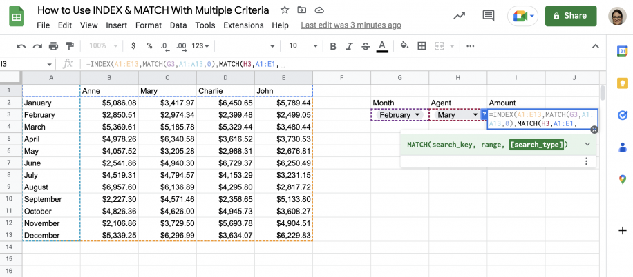Google Sheets INDEX MATCH multiple criteria — header row A1:E1 selected as the second MATCH range