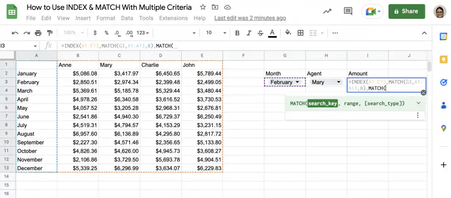 Google Sheets INDEX MATCH multiple criteria — second MATCH( added as the INDEX column argument