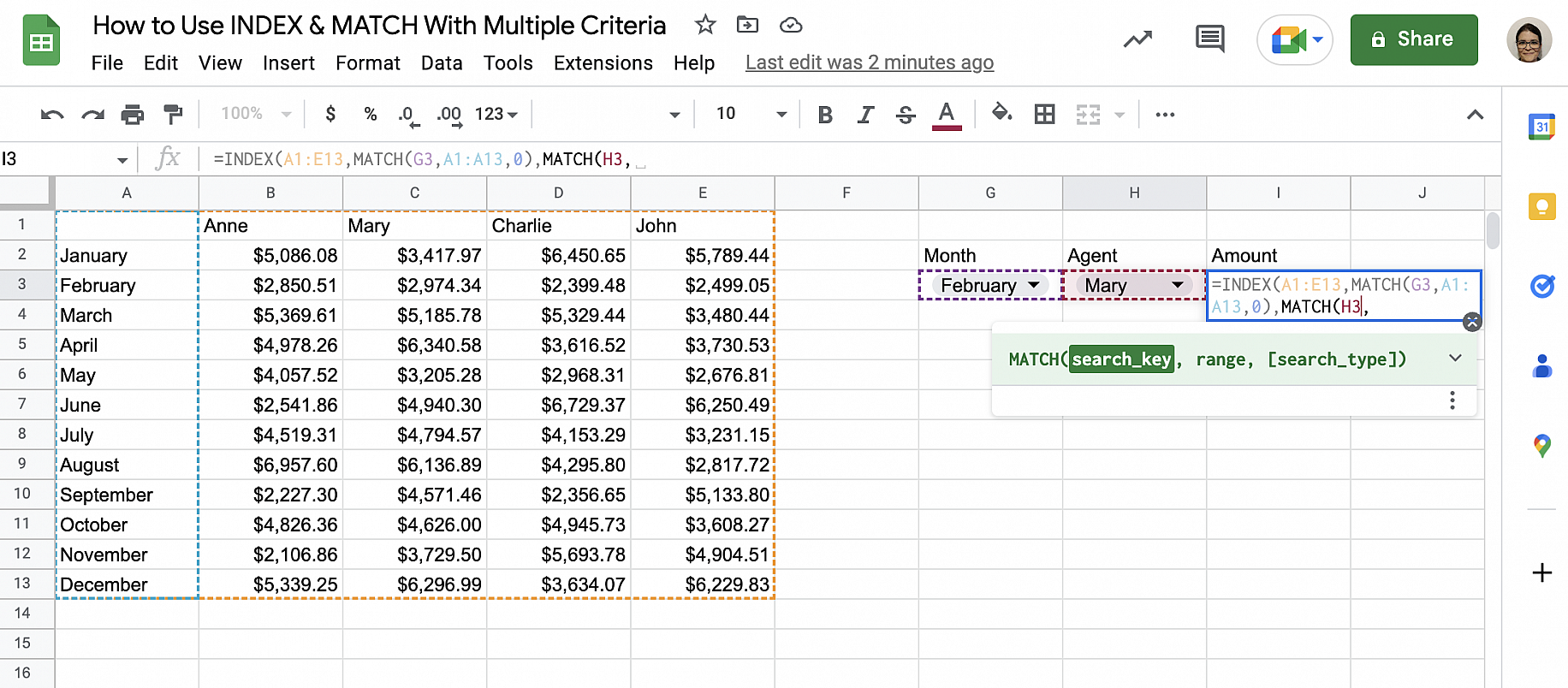 Google Sheets INDEX MATCH multiple criteria — agent cell H3 selected as the second MATCH search key