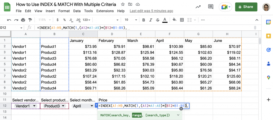 INDEX MATCH multiple criteria in Google Sheets — second criterion (B12=B1:B9) added after the multiplication sign