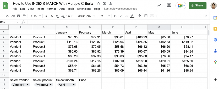 INDEX MATCH multiple criteria in Google Sheets — vendor, product, and month drop-downs set to Vendor1, Product3, and April
