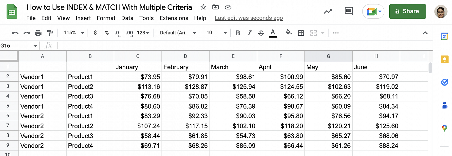 INDEX MATCH multiple criteria in Google Sheets — vendor and product price table for January to June
