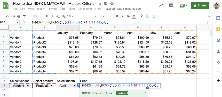 INDEX MATCH multiple criteria in Google Sheets — 0 added for an exact match, with the INDEX column argument next