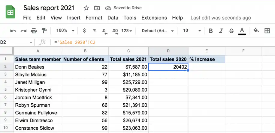 Vincular o Google Sheets a outra planilha — fórmula que faz referência à célula C2 da aba Sales 2020 e retorna 20402