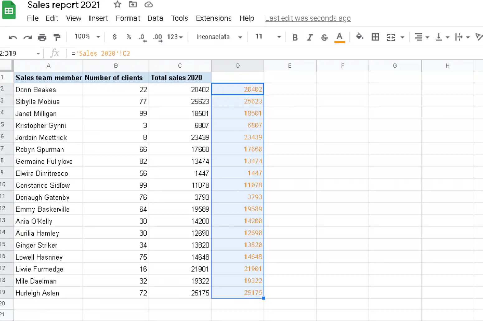 Vincular o Google Sheets a outra planilha — referência de célula preenchida para baixo na coluna D com os totais de vendas de 2020