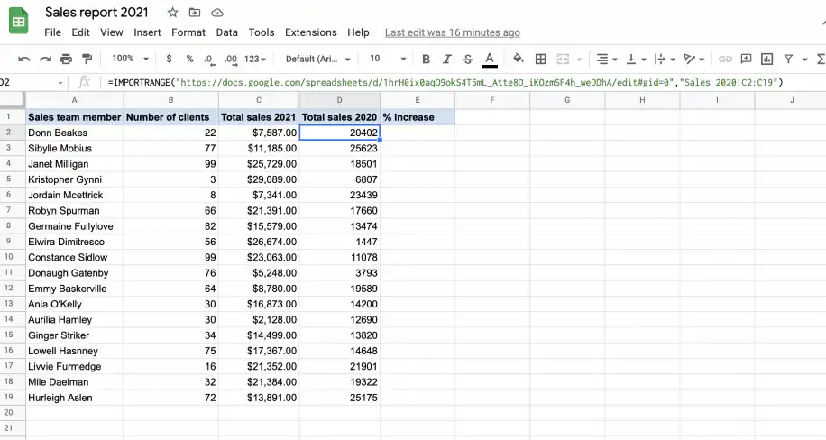 Vincular o Google Sheets a outra planilha com IMPORTRANGE — fórmula com o URL da planilha e Sales 2020!C2:C19