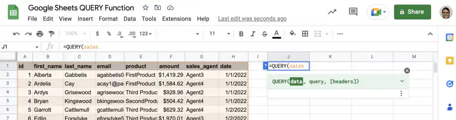 Fonction QUERY de Google Sheets — la plage nommée sales saisie comme paramètre data