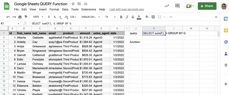 Exemple de GROUP BY avec QUERY dans Google Sheets — SELECT sum(F), G GROUP BY G saisi dans la cellule K1