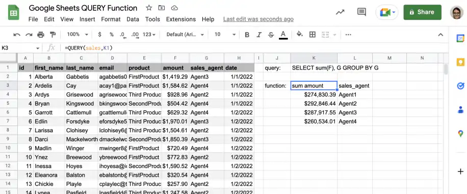 Exemple de GROUP BY avec QUERY dans Google Sheets — montant total des ventes de chacun des quatre agents