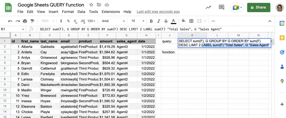Exemple de LABEL avec QUERY dans Google Sheets — LABEL renomme sum(F) en Total Sales et G en Sales Agent