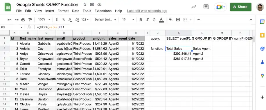 Exemple de LABEL avec QUERY dans Google Sheets — résultats sous les en-têtes Total Sales et Sales Agent