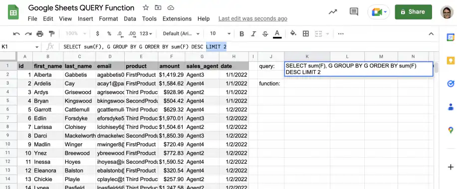 Exemple de LIMIT avec QUERY dans Google Sheets — LIMIT 2 ajouté après ORDER BY sum(F) DESC