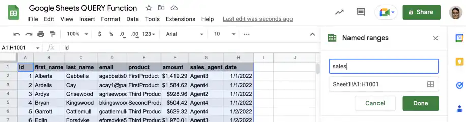 Fonction QUERY de Google Sheets — panneau Plages nommées qui nomme Sheet1!A1:H1001 sales