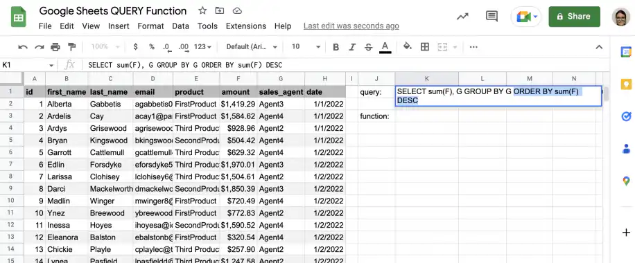 Exemple d'ORDER BY avec QUERY dans Google Sheets — ORDER BY sum(F) DESC ajouté à la requête