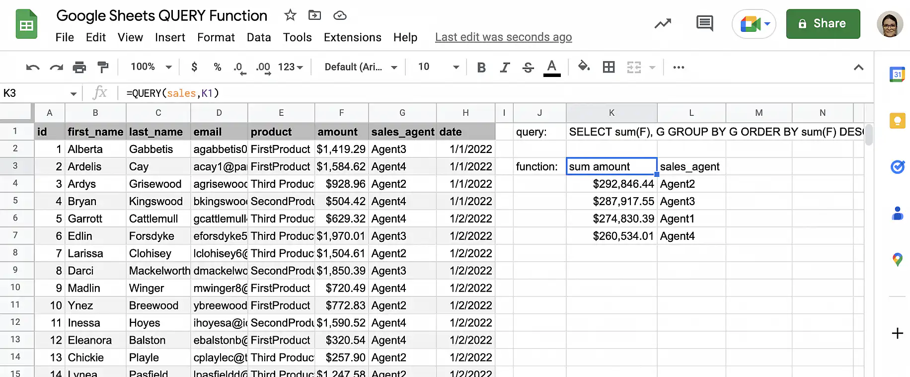Exemple d'ORDER BY avec QUERY dans Google Sheets — totaux par agent triés du plus élevé au plus faible