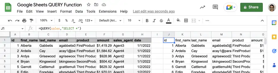 Fonction QUERY de Google Sheets — toutes les colonnes des données de ventes renvoyées depuis la cellule J1