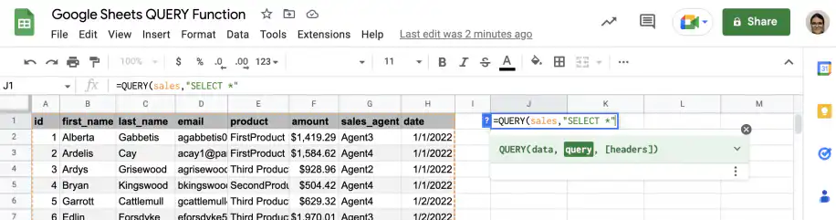 Fonction QUERY de Google Sheets — SELECT * saisi entre guillemets comme requête