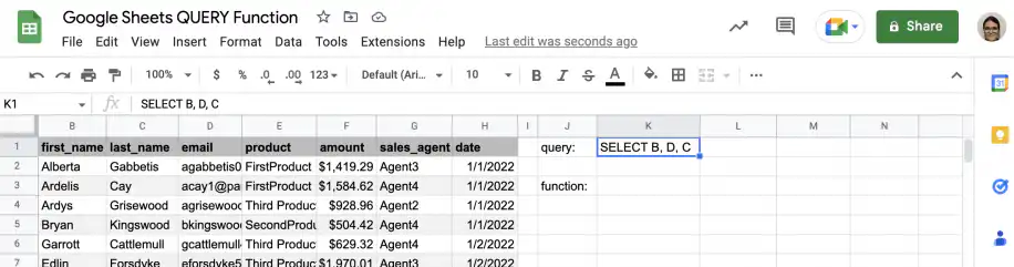 Exemple de SELECT avec QUERY dans Google Sheets — SELECT B, D, C saisi dans la cellule de requête K1