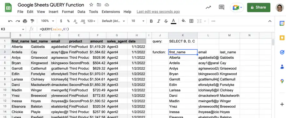 Exemple de SELECT avec QUERY dans Google Sheets — colonnes prénom, e-mail et nom renvoyées