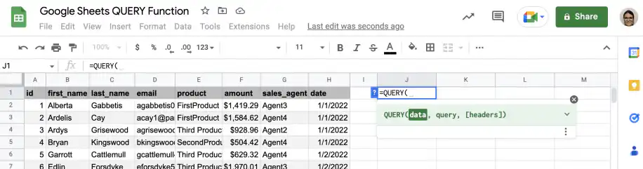 Fonction QUERY de Google Sheets — =QUERY( saisi dans la cellule J1 avec l'aide des paramètres data, query et headers