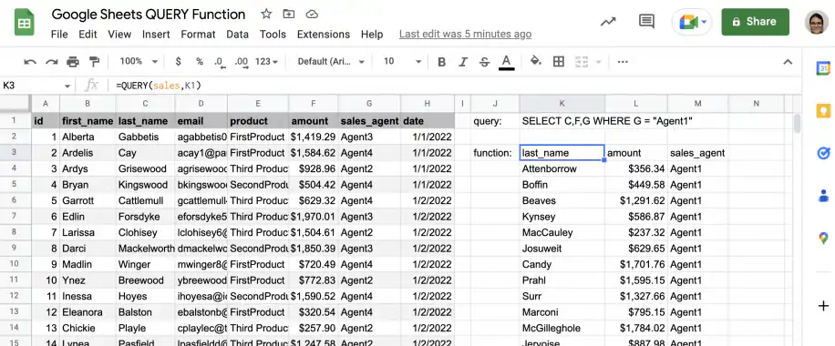 Exemple de WHERE avec QUERY dans Google Sheets — noms et montants pour Agent1 uniquement